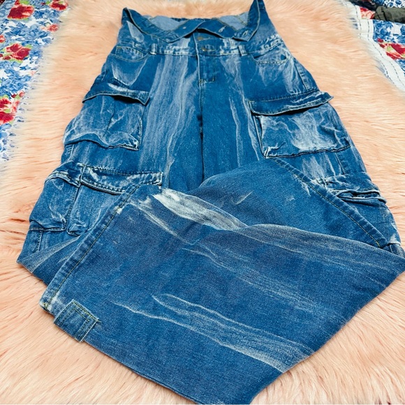 Button Up Strapless Pockets Straight Leg Denim Jumpsuit-Blue Sz M - Picture 4 of 11